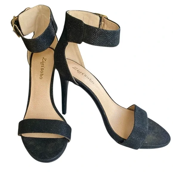 ZIGI SOHO High Heels Ankle Strap Open Toe Black Sparkle Women Size 8 - Picture 2 of 12